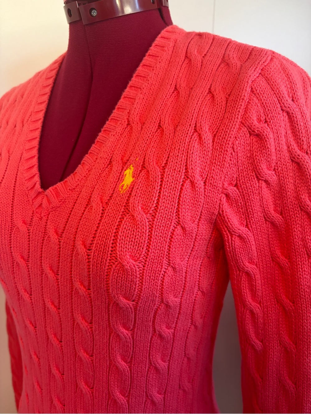 Ralph Lauren Pink-Coral Cable Knit V-Neck Sweater with Yellow Pony | 100% Cotton